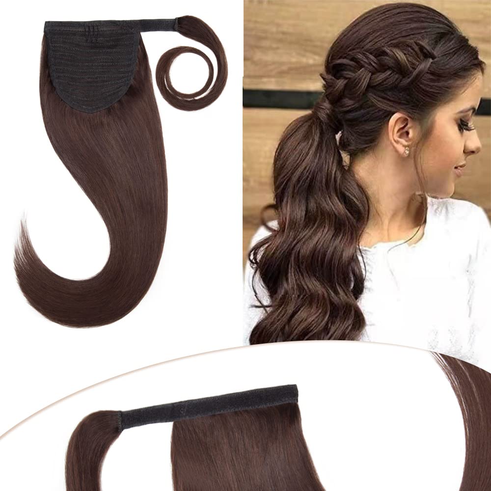 Human Hair Ponytail Extensions Dark Brown Wrap Around Ponytail Human Hairpiece for Women 20 Inch Long Straight Magic Paste Binding Pony Tail Clip in with Comb #2