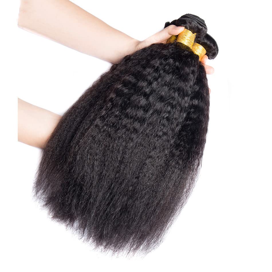 Color 1B Human Hair Yaki Straight Bundles Human Hair Kinky Straight Weave Bundles Brazilian Human Hair Weave Extensions Double Weft Remy Hair Soft and Silky for Black Women (18 20 22 inch）