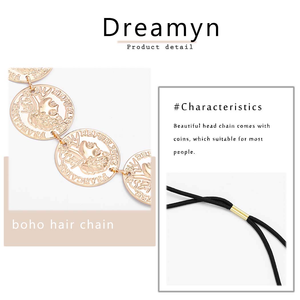 Dreamyn Vintage Coins Head Chain Sequins Hair Chain Gypsy Headpiece Hair Jewelry for Women and Girls (Gold)