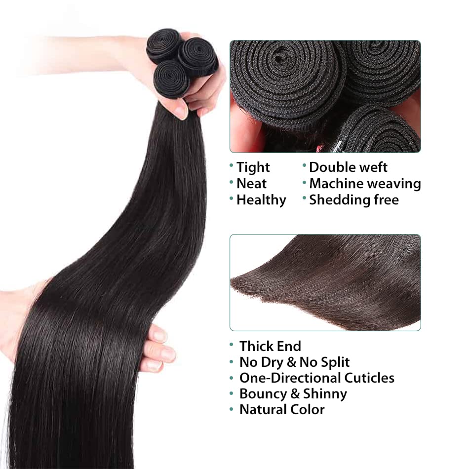 Straight Human Hair Bundles Color 1B Straight Bundles Human Hair 8a Grade Hair Weave Hair Extensions Double Weft Remy Hair Soft and Silky for Black Women (20 22 24 inch,3 Bundles)