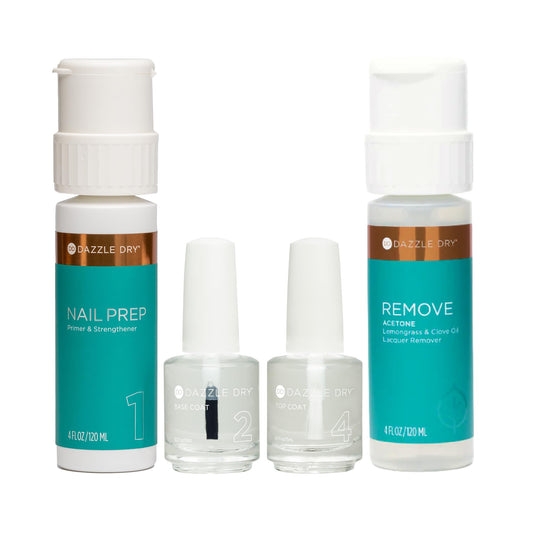 Dazzle Dry Step 1 - Nail Prep, 4 oz (120 mL) + Step 2 - Base Coat + Step 4 - Top Coat (0.5 oz /15 mL each) + Remove Acetone, Lemongrass + Clove Oil Lacquer Remover (4 oz / 120 mL)