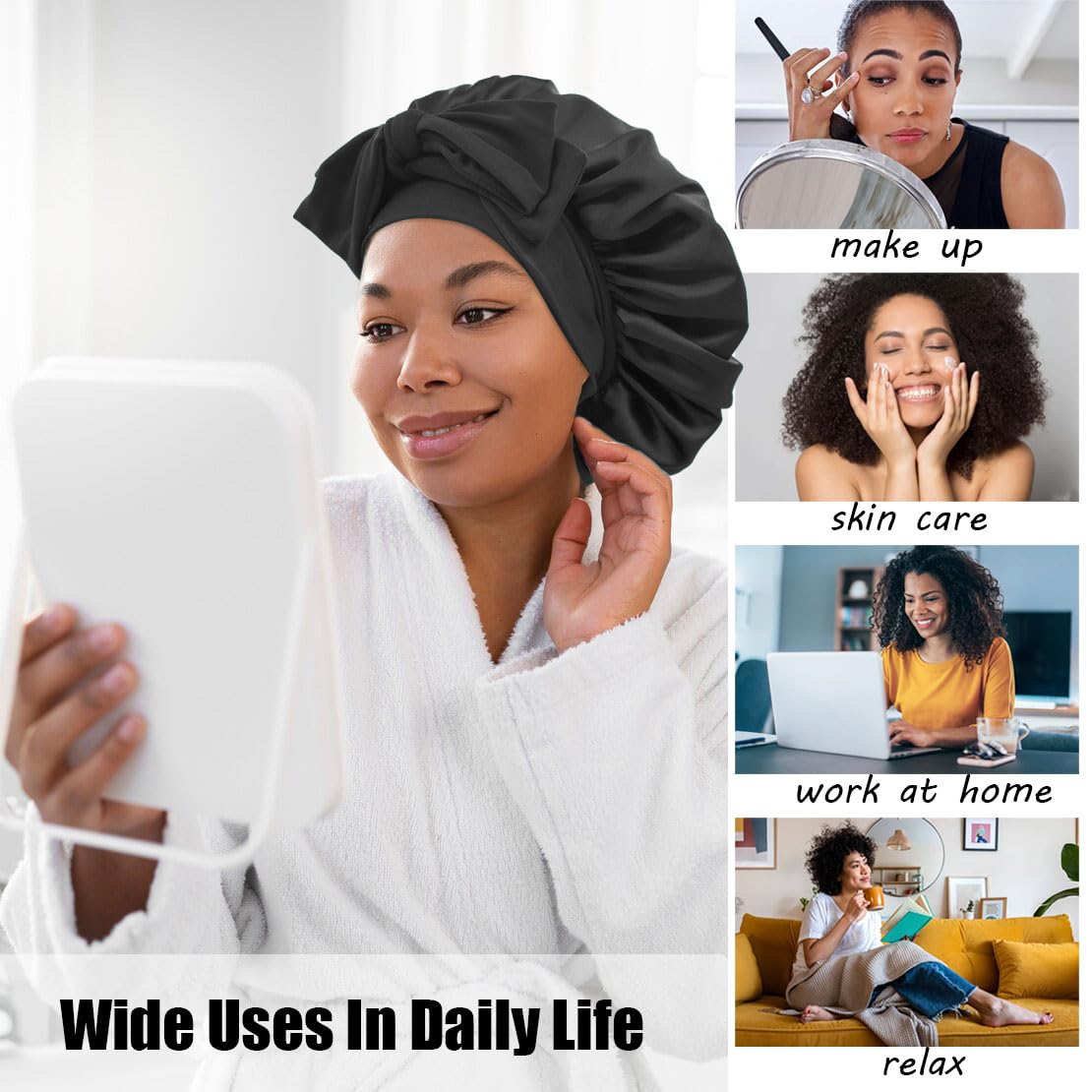Satin Bonnet Silk Bonnet for Sleeping Women Hair Bonnet for Curly Hair Head Wrap Scarf Night Sleep Cap Bonnets for Black Woman Hair Accessories for Women Men Girls with Elastic Tie Band(Black)