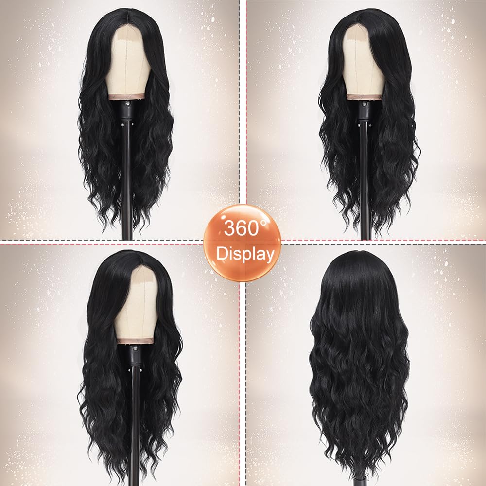 Long Black Wig Curly Black Long Hair Wigs for Women Upgraded Protein Fiber Wig(26'' Black)