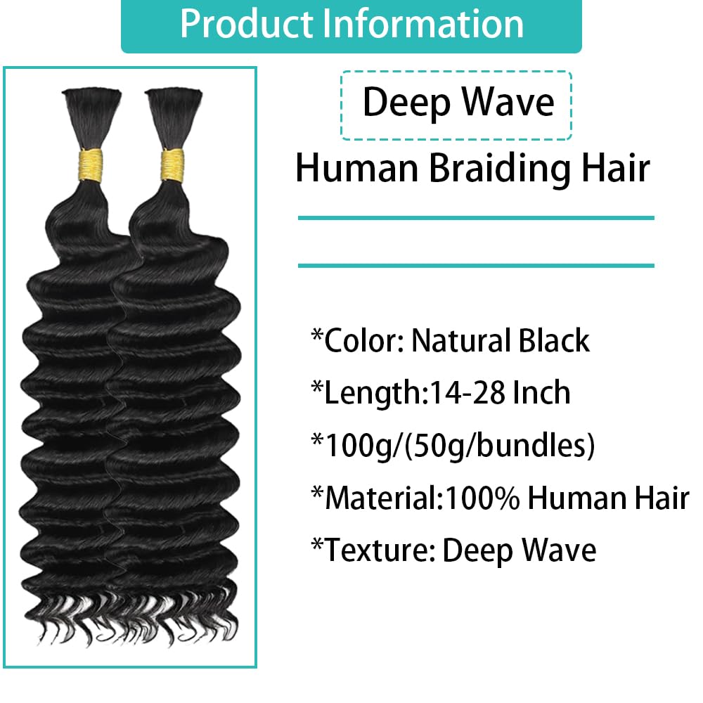 Human Braiding Hair Deep Wave Bulk Human Hair for Braiding 100g 2Bundles/Pack No Weft Curly Braiding Hair Bulk Curly Human Hair for Boho Braids (Natural Black, 28 Inch)