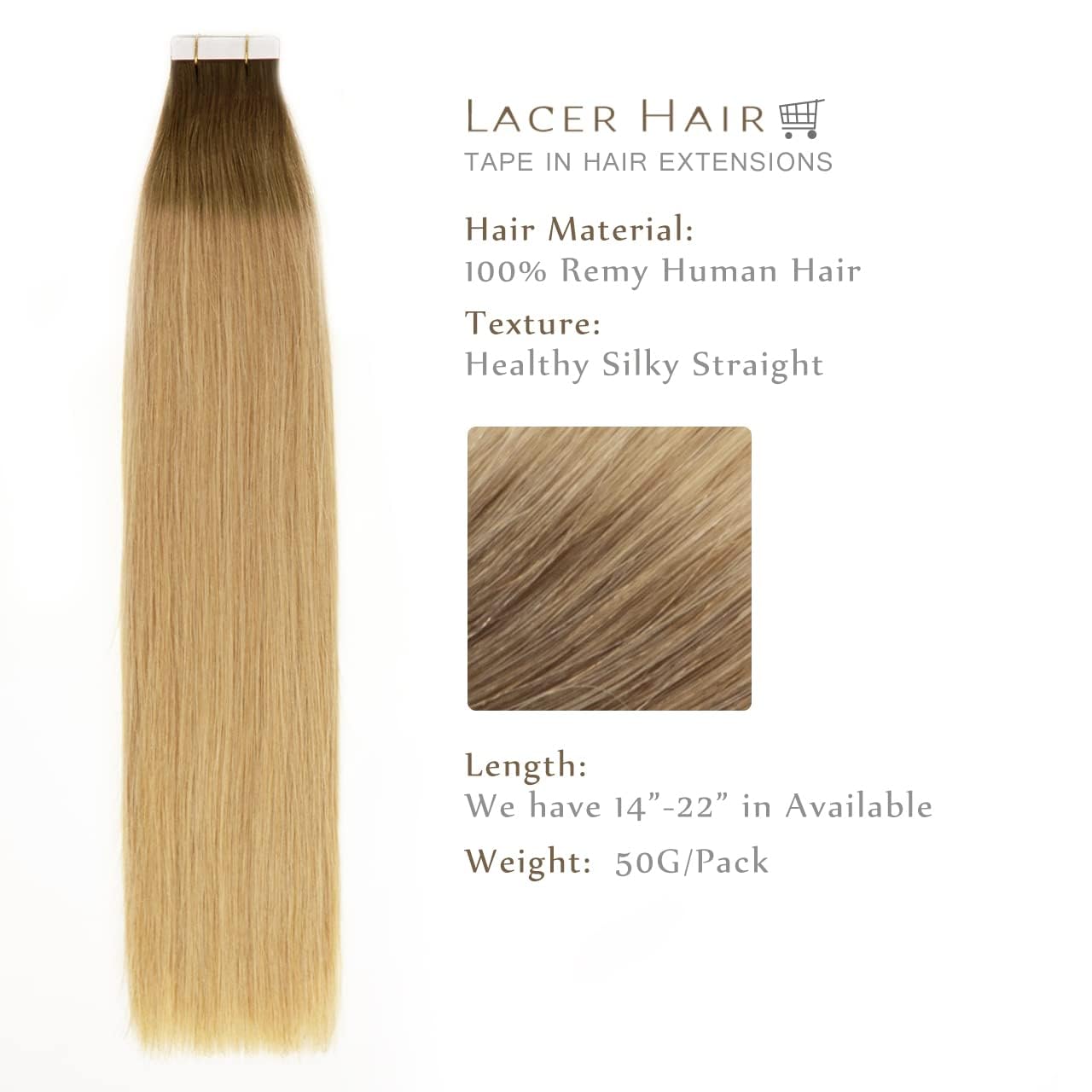 LacerHair Tape in Human Hair Extensions 16 Inch 50g Balayage #4 Dark Brown Fading to #18 Dark Ash Blonde 20pcs 50g Invisible Double Sided Seamless Skin Weft Real Remy Human Hair Extensions Tape in
