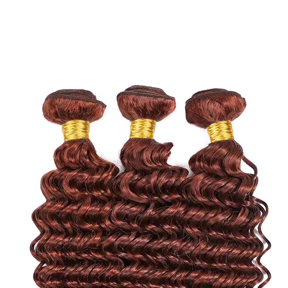 Color #33 Deep Wave Bundles Human Hair Loose Reddish Brown Deep Curly Bundles Auburn Human Hair Double Weft Brazilian Remy Hair Weave Extensions Wet and Wavy Silky Soft for Black Women (20 22 24 Inch)
