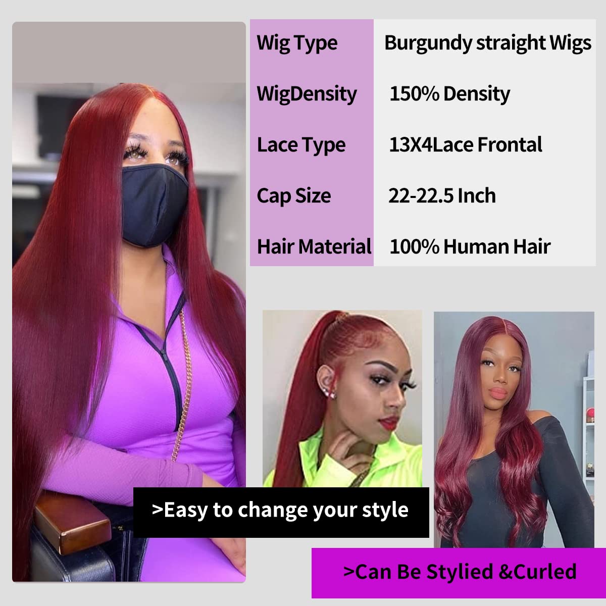 ELENINE 99J Burgundy Lace Frontal Wig Human Hair Straight Pre Plucked with Baby Hair for Black Women 13x4 Lace Front Human Hair Wig Brazilian Remy Hair (99j 13x4 Lace Front Wig Straight, 18 inches)