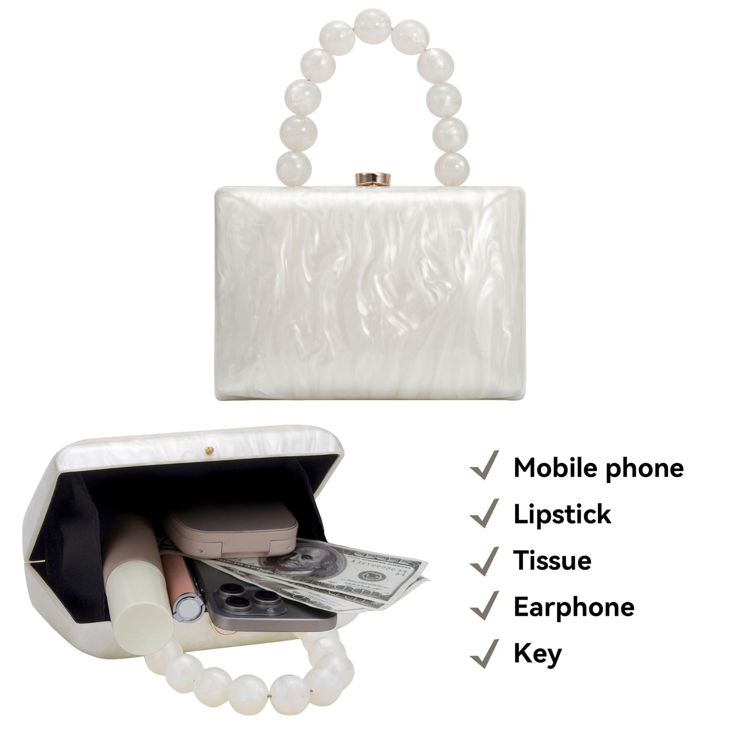 jessie Acrylic Purses Evening Clutch Bag Marbling Handbags for Women Cross Body Bag with Pearl Chain Formal Wedding Prom Party