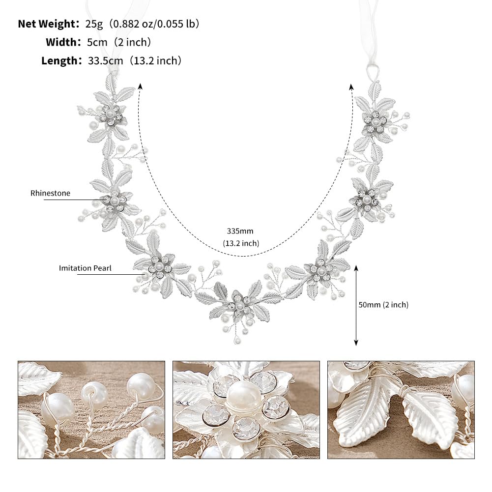 EneQutum Wedding White Metal Hairband, Crystal Pearl Headpiece, Forest flowers Hair Vine Bride Accessory for Women and Girls