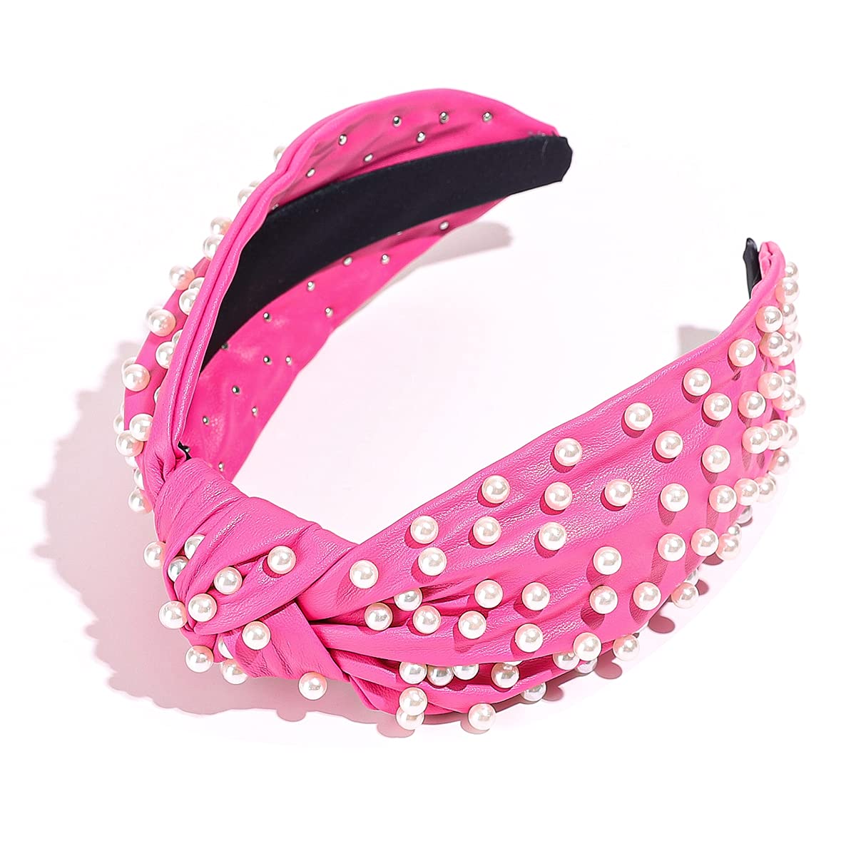 FEDANS Pearly Knotted Women Pink Headband Luxury Jeweled Leather Beaded Embellished Top Hairband Fashion Elegant Ladies Hair Band