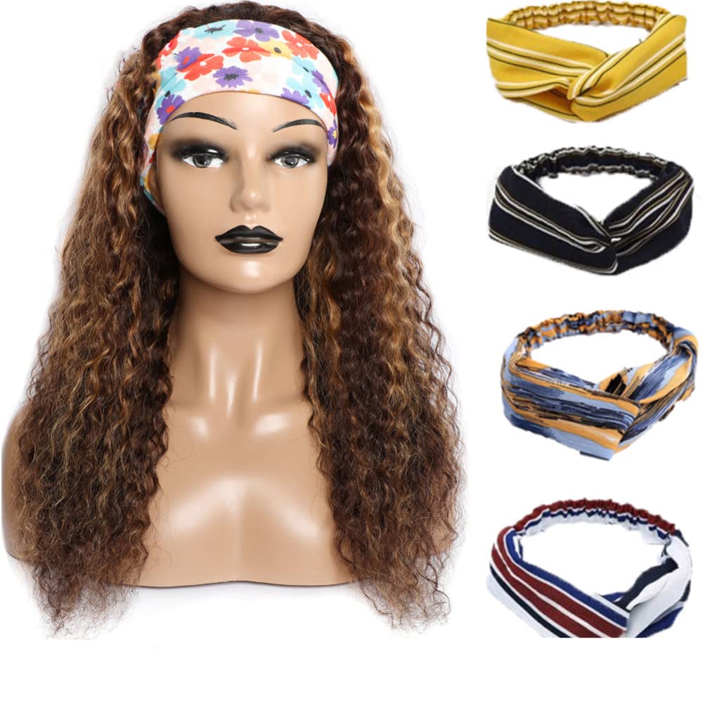 YiweYowe 28 Inch P4/27 Highlight Headband Wig Human Hair Deep Wave Brown Wig Human Hair Glueless Brazilian Virgin Hair Machine Made Wig 150% Density None Lace Front Wig Honey Blonde Colored