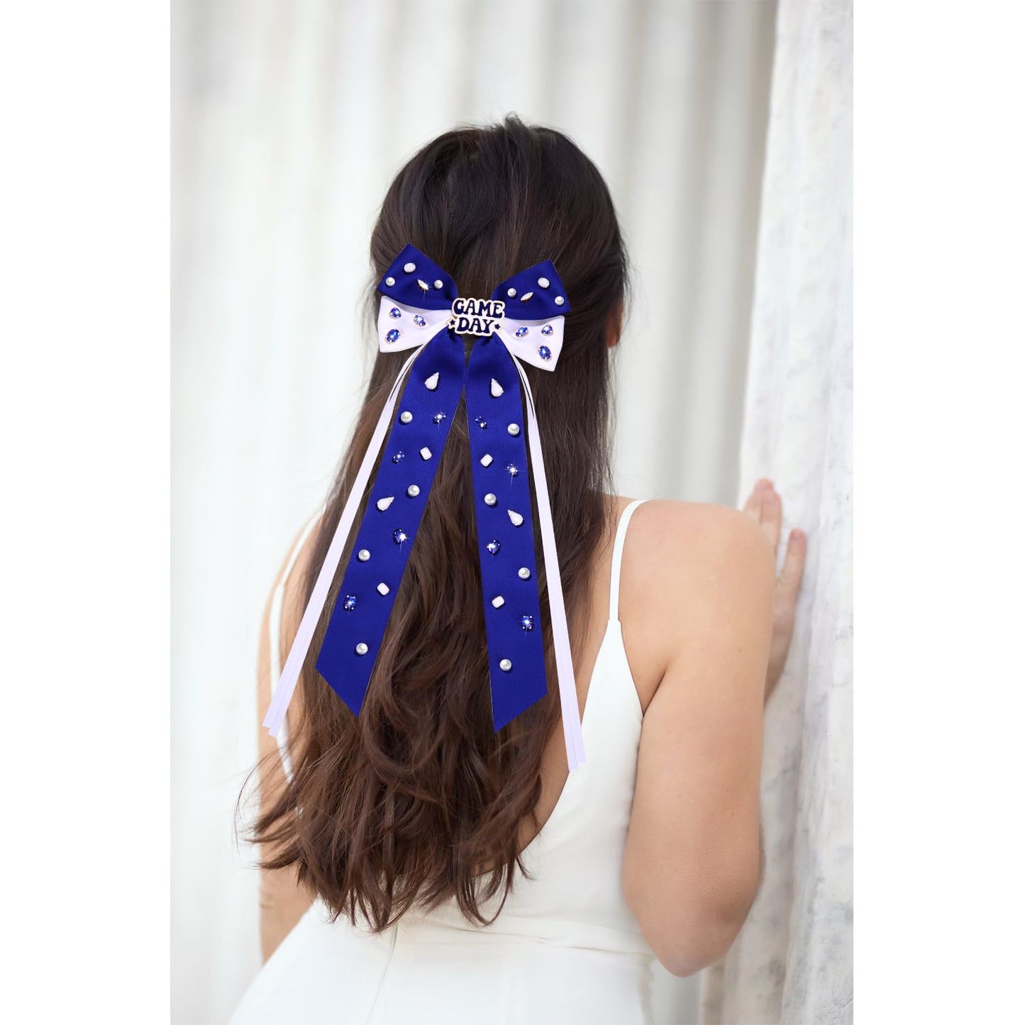 Game Day Hair Bows Accessories for Women Jeweled Football Hair Bow Clips Large Hair Ribbons Blue Spirit Day Accessories Game Day Outfits Sports Team Spirit Football Mom Accessories Gifts (Pattern B3)