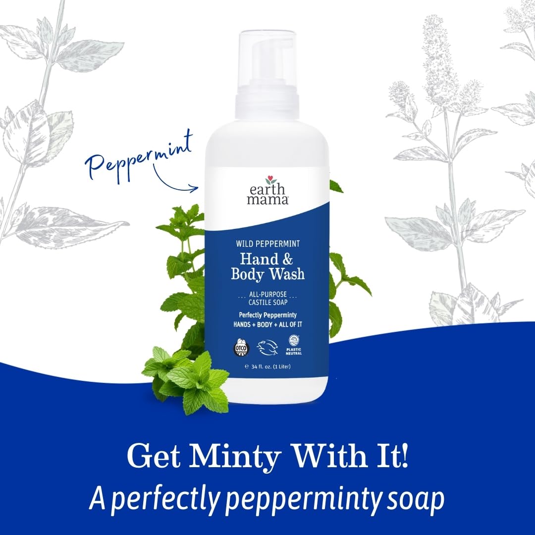Earth Mama Wild Peppermint Hand & Body Wash | Foaming Castile Soap Liquid and Hand Soap, Made with Organic Wild Mint & Peppermint Oil, 34 fl oz (2-Pack)