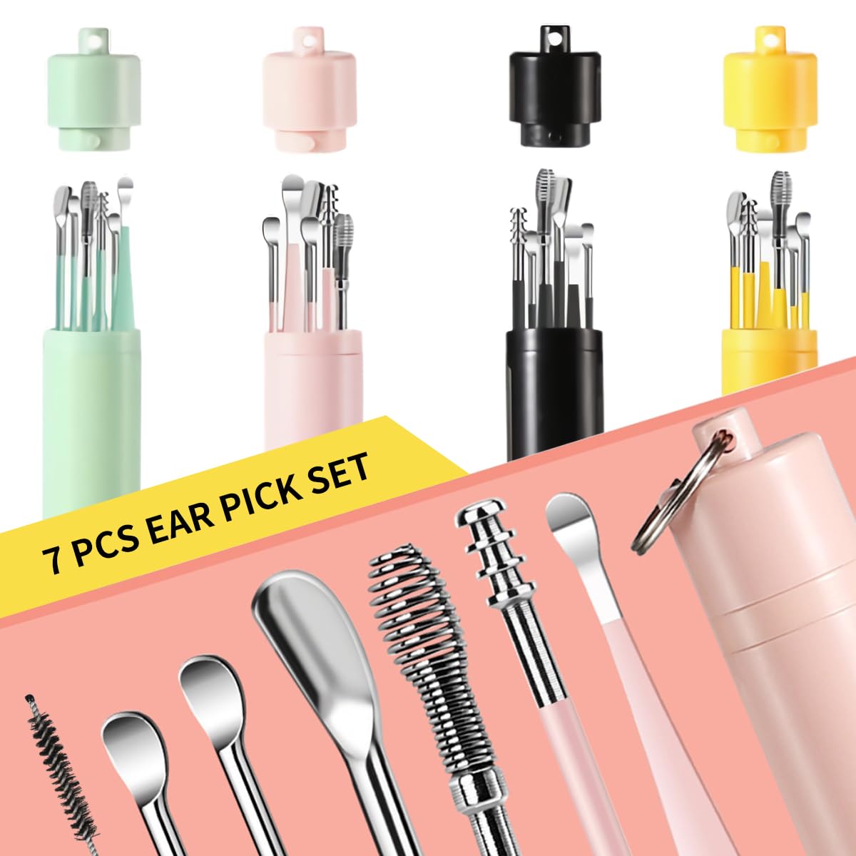Generic 7 Pieces Ear Wax Removal Kit Ear Wax Remover Pickers, Stainless-Steel Earpick, Ear Pick Spoon, Ear Care Cleaning Tools (Yellow)