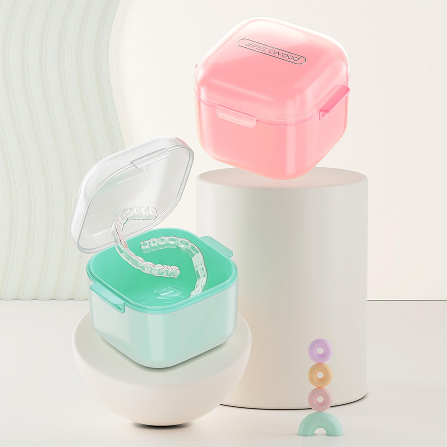 HyJeryty Pink Denture Cup Denture Case, Retainer Cleaner Case, Pretty Night Mouth Guard Holder Box, Storage Soak Container with Drain Basket for Home Travel Cleaning