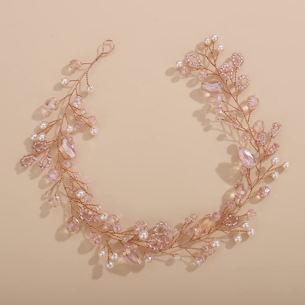Teyglen Pink Rhinestones Crystal Hair Vine Headband, Handmade Bridal Hair Accessories for Women Girls (1 Count, Pink)