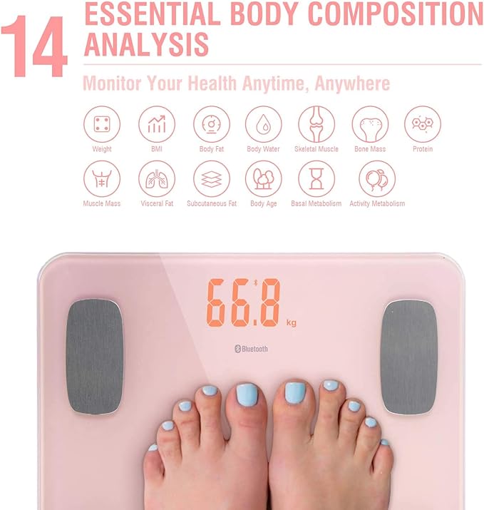 himaly Body Fat Scale, Smart BMI Scale Digital Bathroom Wireless Weight Scale, Body Monitor Health Composition Analyzer with Smartphone App sync with Bluetooth-Compatible, 400 lbs - Pink
