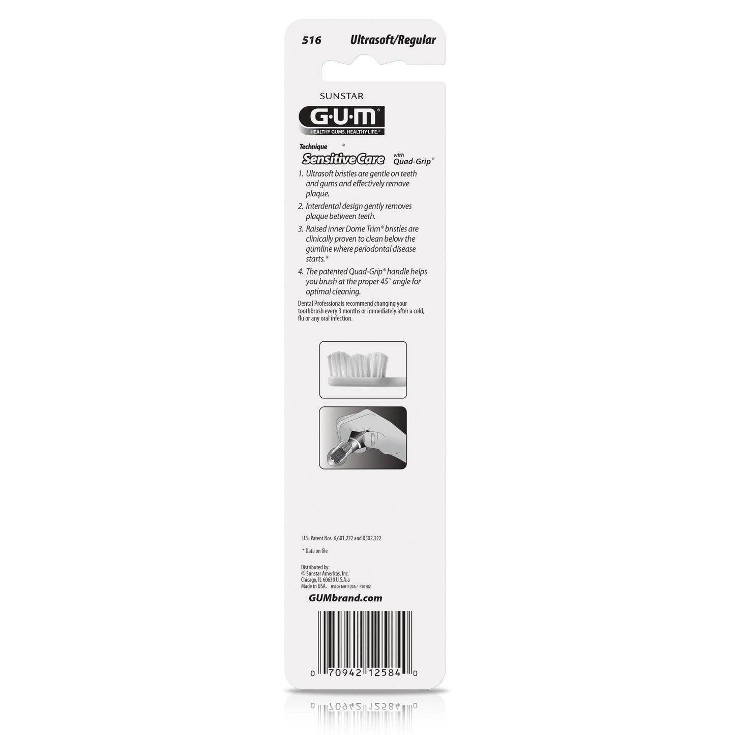 GUM Technique Sensitive Care Toothbrush with Quad-Grip Handle, Full Head & Ultra Soft Bristles for Plaque Removal That’s Gentle on Gums, 2ct(6Pk)