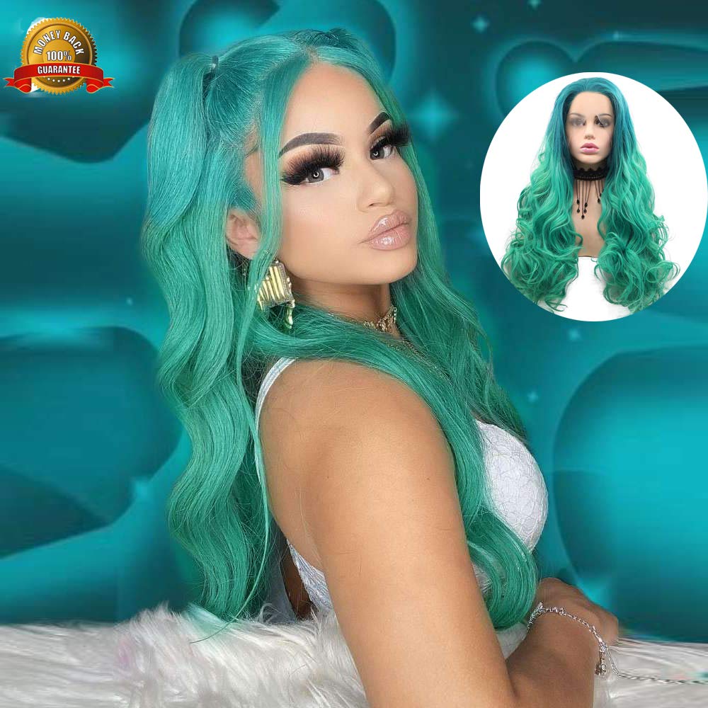Long Green 2T Ombre Body Wave Synthetic Lace Front Wigs for Women Free Part Natural Hairline Glueless Wigs Light Green Ombre Green Body Wave Curly Heat Resistant Fiber Hair Replacement Wig Cosplay
