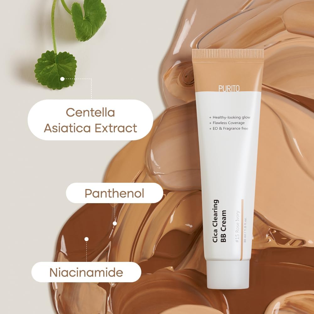 PURITO Cica Clearing BB Cream #27 Sand Beige 1 fl.oz / 30ml, Vegan bb cream