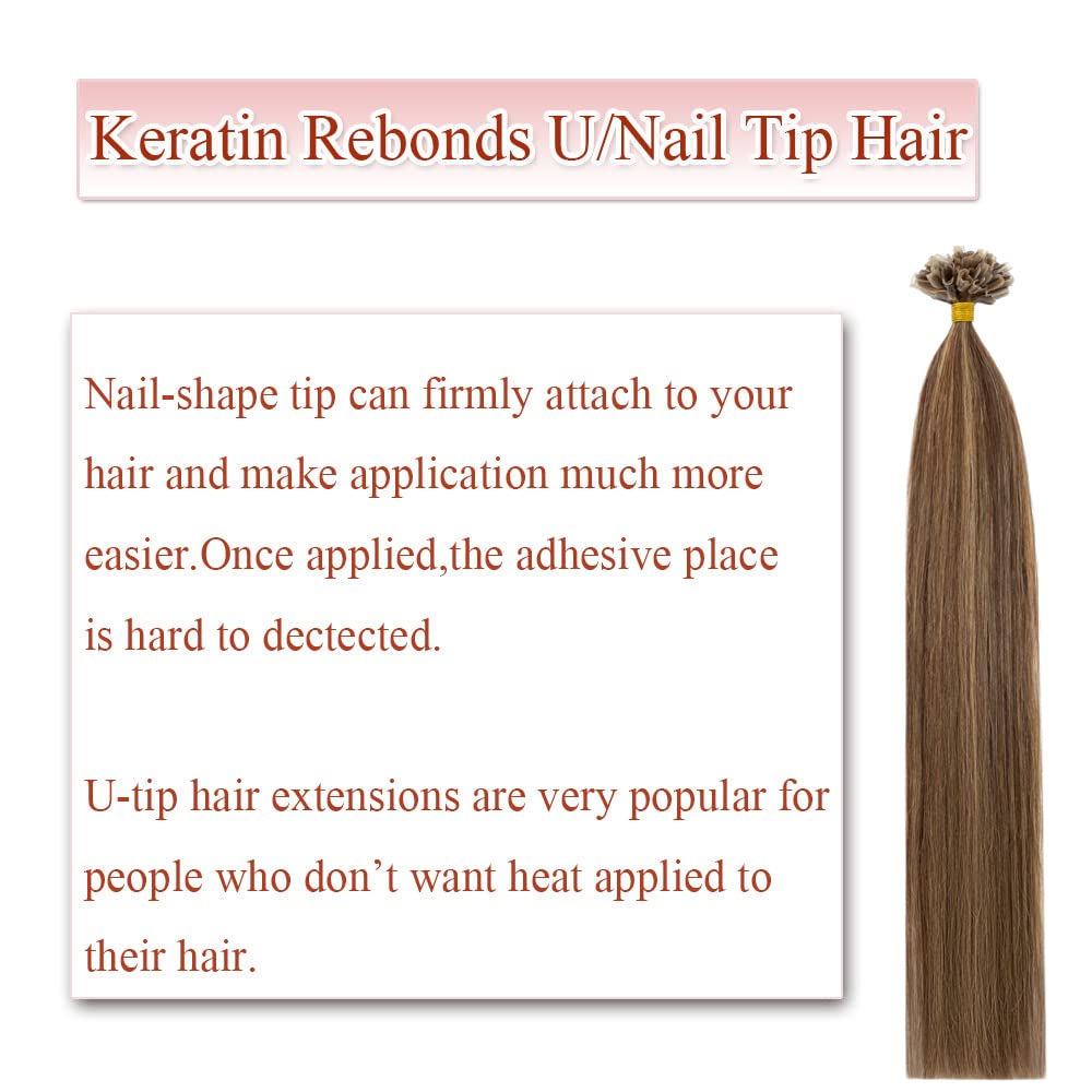 Rich Choices U Tip Hair Extensions Human Hair,100 Strands 0.5g/Strand K Tip Real Remy Human Hair Extensions Nail Tip K Tip Keratin Hair Extension 22 Inch #4P27 Medium Brown Highlight Dark Blonde