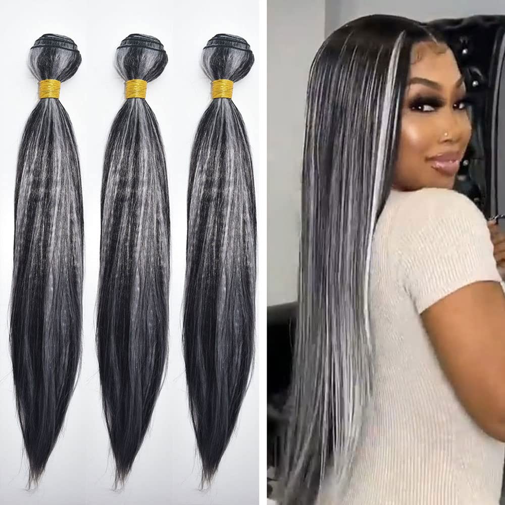 Hihglight Human Hair Bundle Brown and Grey Grade 8A Brazilian Remy Hair 3 Bundle With Dark Roots Unprocessed Virgin Hair Straight Brown Hair Bundles 28 28 28 Inch