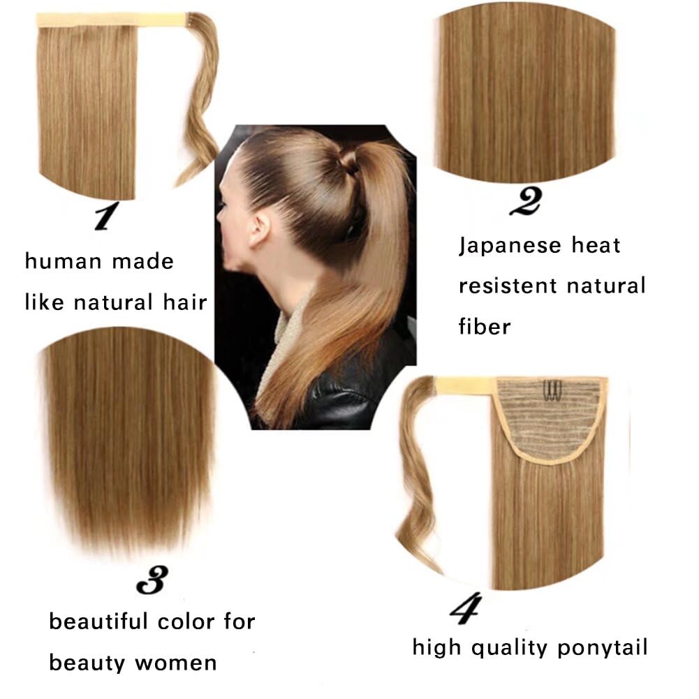 iLUU Clip in Ponytail Hair Extension Synthetic Wrap Around Long Straight Ponytail for Lady Women Girl 100g Darkest Brown Magic Paste Ponytail Hair Piece for Daily Use (24 Inch, 4A#)