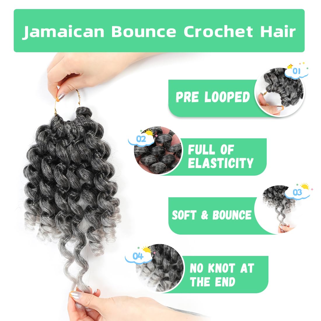 Jamaican Bounce Crochet Hair 8 Inch Crochet Curly Hair For Black Women 3 Pack Jumpy Wand Curl Crochet Hair Short Jamaican Twist Braiding Hair Extensions(8 Inch (Pack of 3),Tgray)