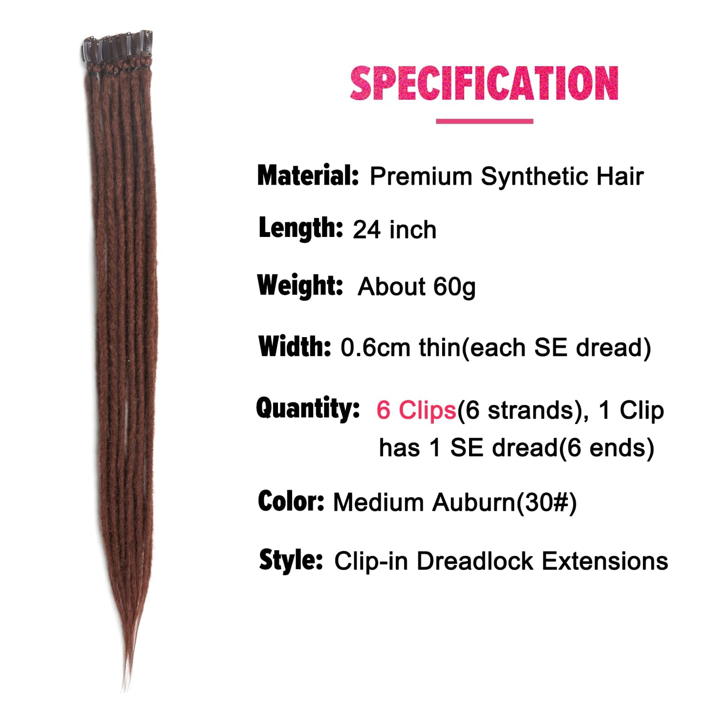 Kyriena 24 Inch Dreadlock Extensions Clip In, 6PCS Thin 0.6cm Width Medium Auburn Synthetic Clip In Dreads Hair Extensions Reggae Style Single Ended Dreadlock for Woman