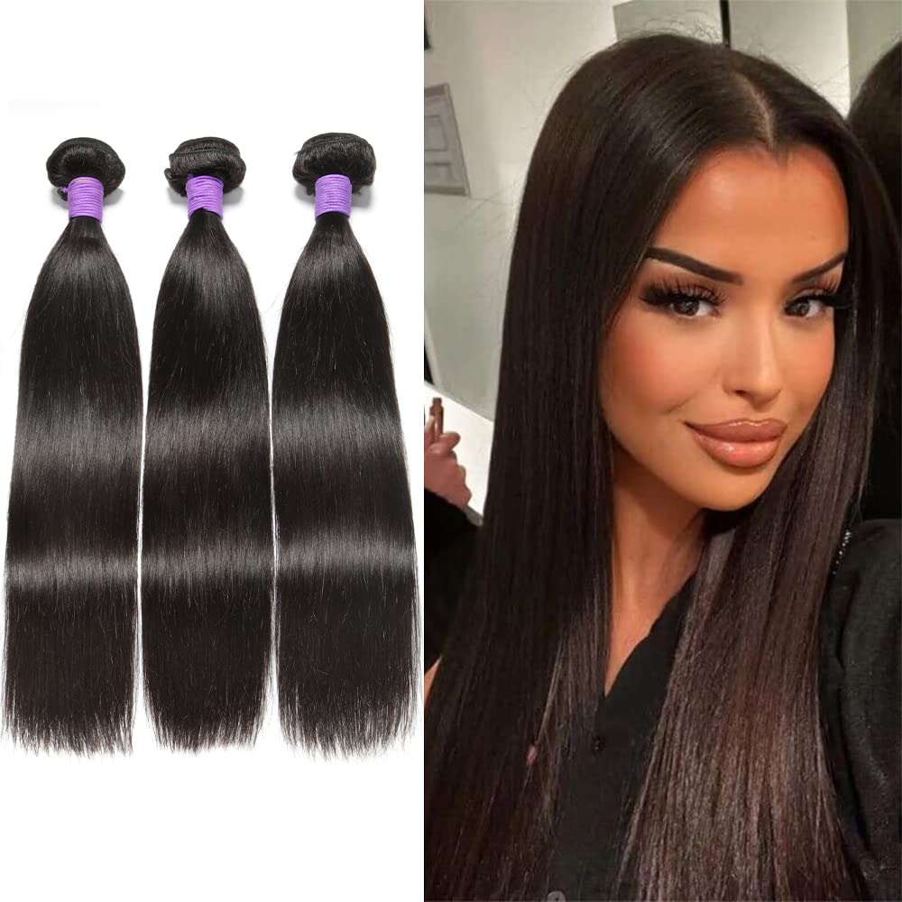 Genrein 10A Peruvian Virgin Straight Hair 3 Bundles Human Hair 18 20 22 Inch 100% Unprocessed Remy Straight Hair Extensions 1B Color for Black Women