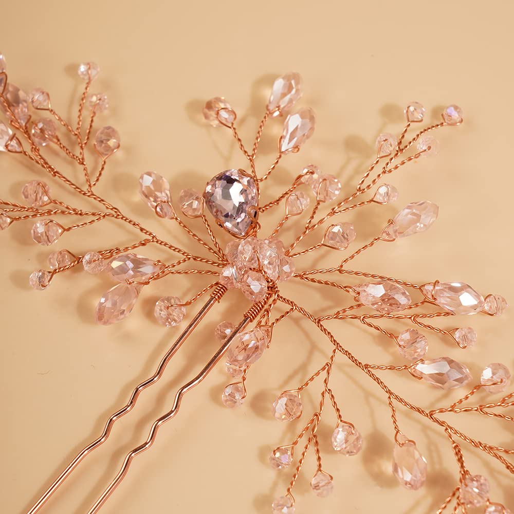 Teyglen Bridal Rhinestones Hair Pins Flower Crystals Wedding Hair Pins Set for Bride Hair Accessories Pink Black Purple Blue Rhinestones Hair Pieces for Women Girls(Rose gold)