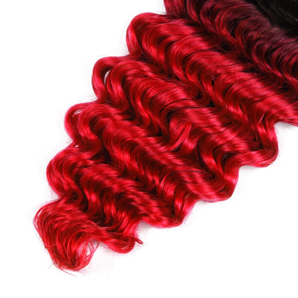 Ombre Human Hair Bundles Red Deep Wave Bundle Human Hair Weave 3 Bundles 12 14 16 Inch Double Weft 2 Tone Black and Bright Red Wet and Wavy Bundles Human Hair for Black Women