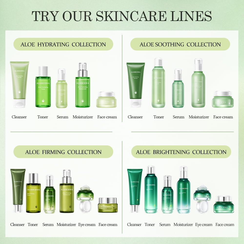 Aloderma Signature Aloe Hydrating Set - 5 Pieces - Aloe Vera Gel, Cleanser, Toner, Serum, Cream
