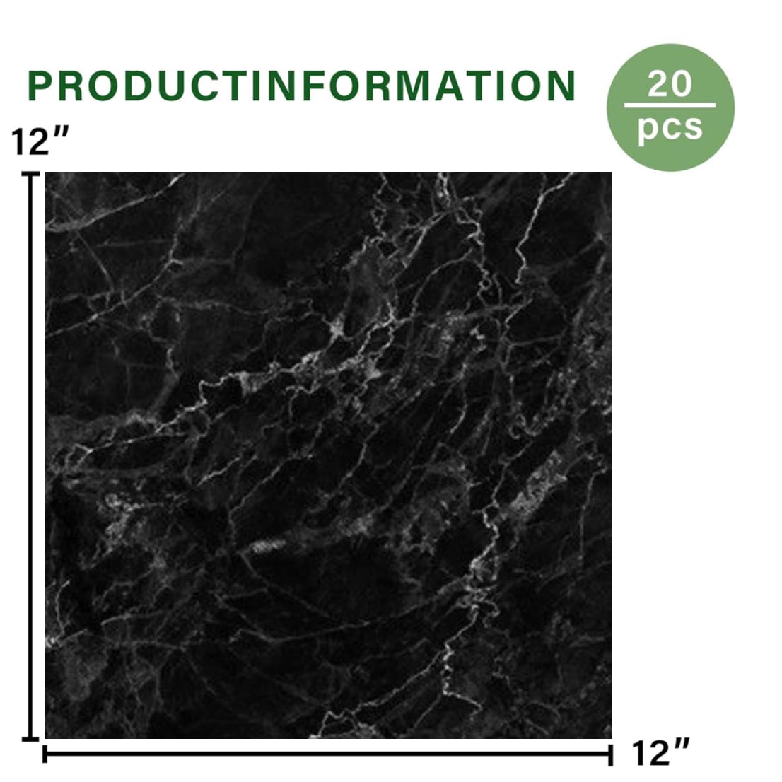 20-Pack Peel and Stick Floor Tiles Vinyl Floor 12 x 12 inch Self Adhesive Waterproof Flooring Planks DIY for Bathroom, Kitchen, Living Room, RV, Cover 20 Sq. Ft, Black Vein Marble