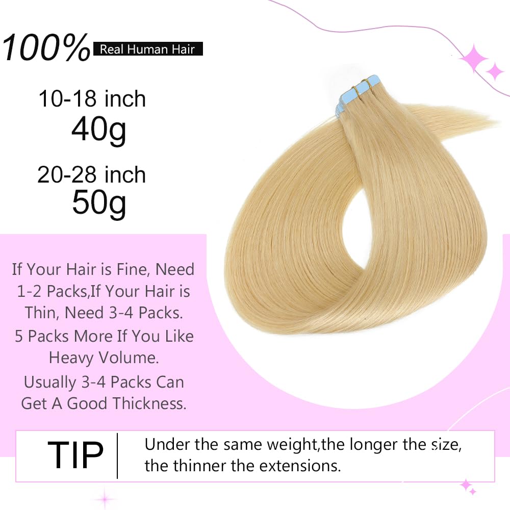 ELFSECRET 100% human hair Tape In Hair Extensions Invisible PU Seamless Skin Weft Tape in Real Human Hair Silky Straight Hair Extensions Soft Thick To End 40g/pack 20pcs (28 Inch, #613 Bleach Blonde)
