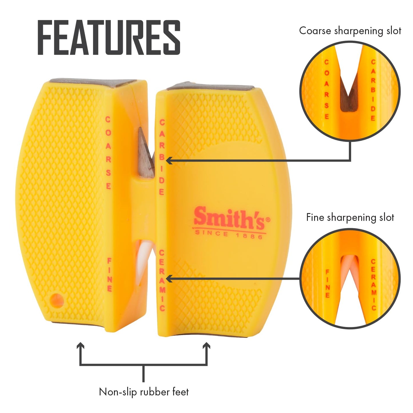 Kershaw Leek Pocket Knife, 3" 14C28N Stainless Steel Drop Point Blade & Smith's CCKS 2-Step Knife Sharpener - Yellow - 2-Step Preset Coarse & Fine Slots