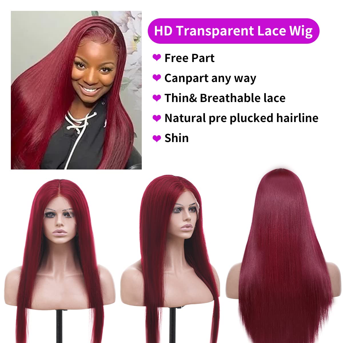 ELENINE 99J Burgundy Lace Frontal Wig Human Hair Straight Pre Plucked with Baby Hair for Black Women 13x4 Lace Front Human Hair Wig Brazilian Remy Hair (99j 13x4 Lace Front Wig Straight, 18 inches)