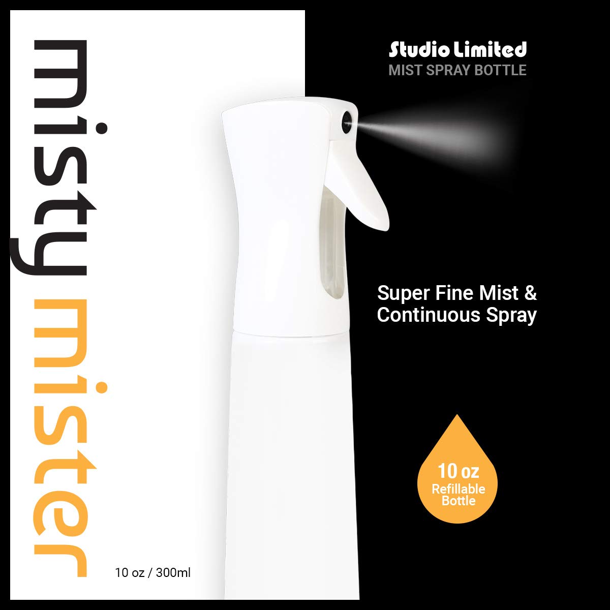 STUDIO LIMITED Hair Spray Bottle 10 oz, Continous Water Mister Spray Bottle, Refillable Fine Mist Spray Bottle for Hair Styling, Gardening, Cleaning (Salon)