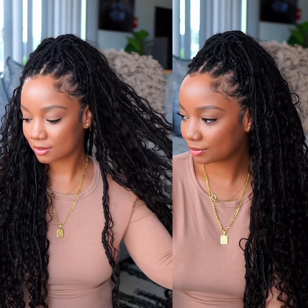 FlowerSeason Pre Crochet Dreadlocks Braids Hair Pre Looped With Human Hair Curls Curly Ends Extensions For Black Women 25 Strands(22 inch)