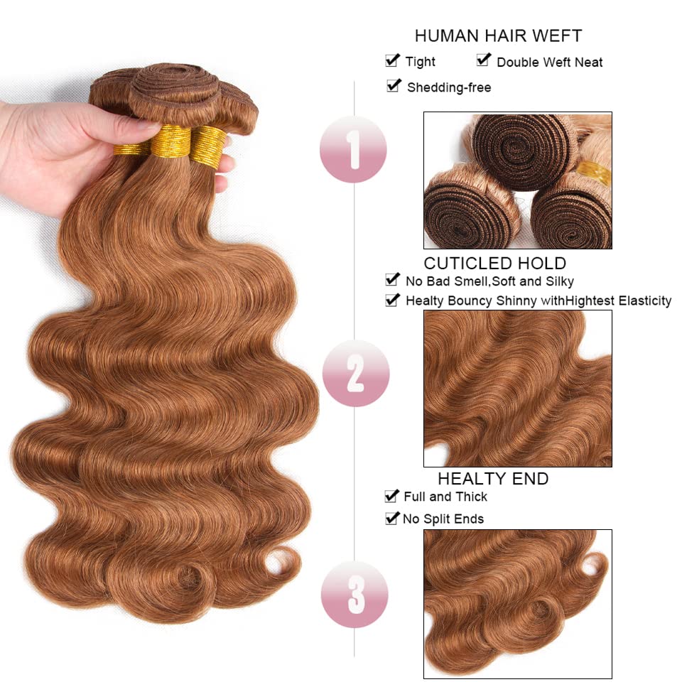 Light Brown Body Wave Bundles Human Hair #30 Brown Bundles Human Hair Color 30 Brown Body Wave Bundles Double Weft Remy Hair Extensions Wet and Wavy Silky Soft for Black Women 20 22 24 Inch