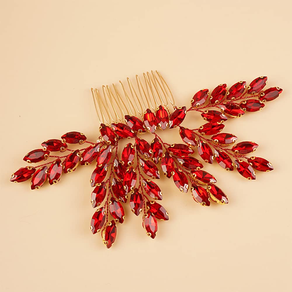 Kercisbeauty Sparkly Red Crytal Bridal Hair Comb Rhinestones Hair Piece for Wedding Brides Bridesmaid Boho Handmade Hair Jewelry Collection (Red)