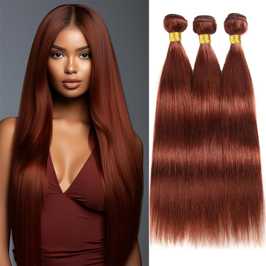 Color 33 Human Hair Copper Red Straight Bundles Human Hair Reddish Brown Bundles Auburn Bundles Human Hair Double Weft Wet and Wavy Bundles Silky and Soft for Black Women (22 24 26 Inch 3 Bundles)
