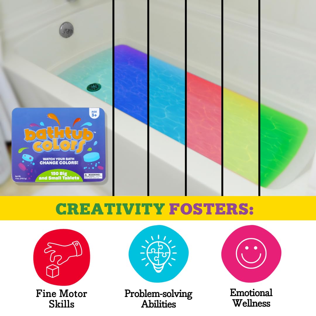 Kid Made Modern Bath Color Tablets for Kids - 450 Non Toxic Bath Drops for Toddlers Blue, Yellow, Pink, and Purple Bathtub Color Fizzies Tablets - Fun & Mini Bath Bombs (150 Count / 3 Pack - Ages 3+)