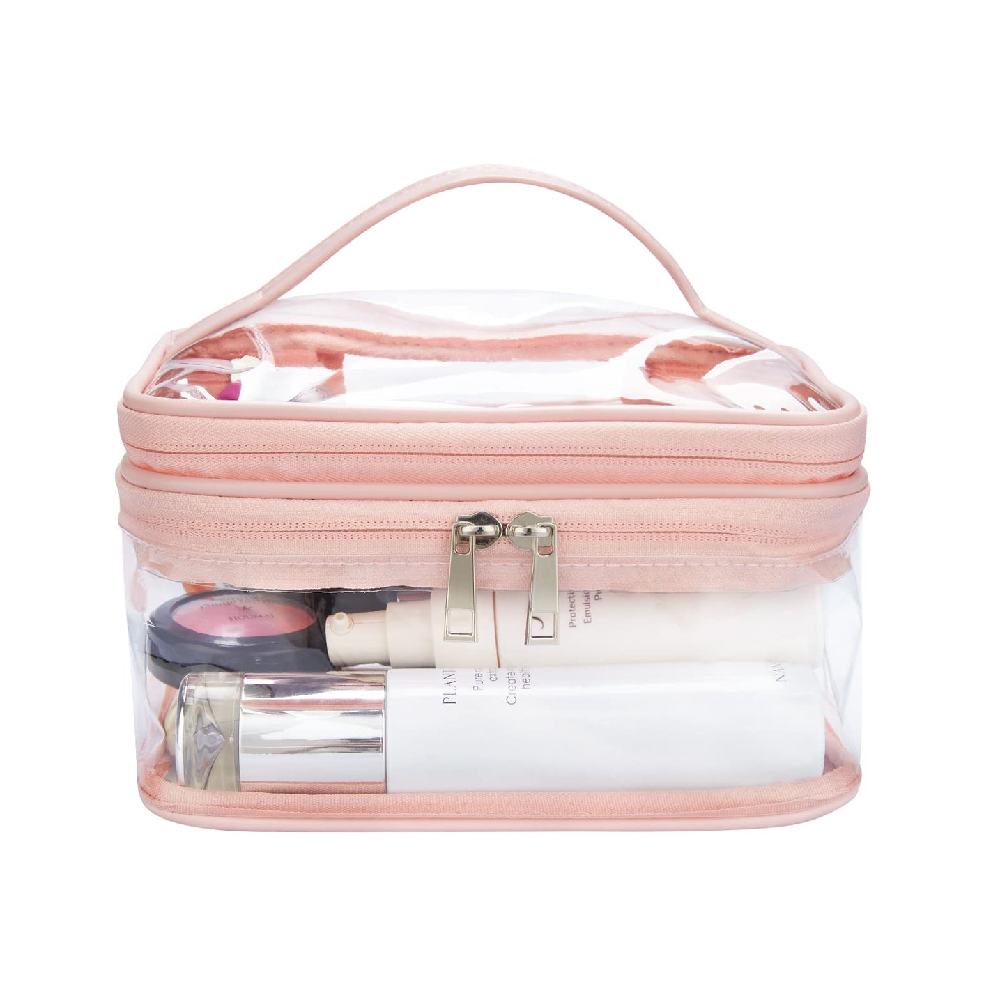 HAOGUAGUA Double Layer Clear Cosmetic Bag Makeup Bag, Waterproof Travel Toiletry Bag, Transparent PVC Hair & Nail Accessories Pouch Beach Bag Organizer (Black)