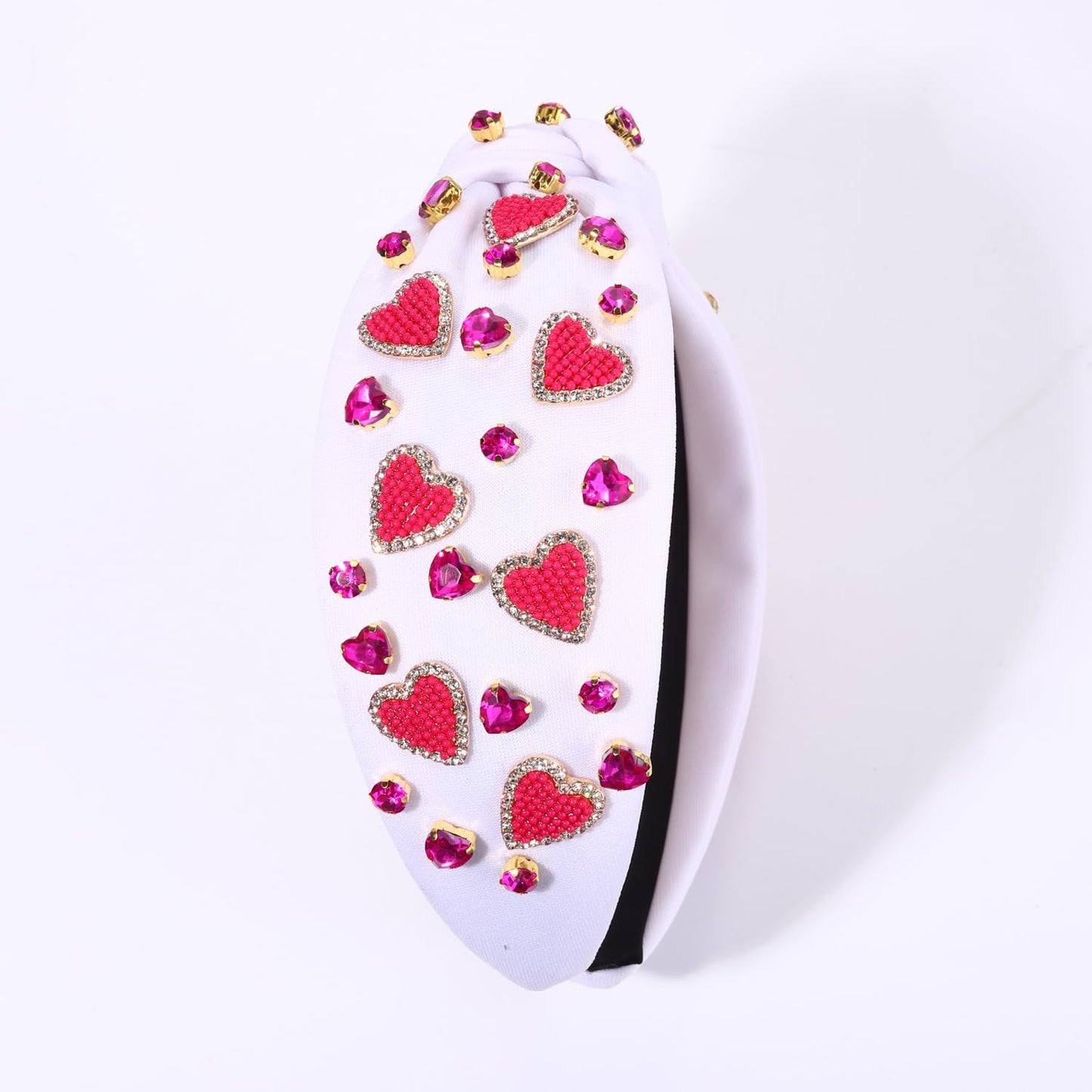 Heart Headband for Women Valentine's Day Knotted Headband Beaded Rhinestone Heart Hairband Crystal Galentines Day Top Knot Headband Valentine's Day Hair Accessories Holiday Gifts (White Heart A)