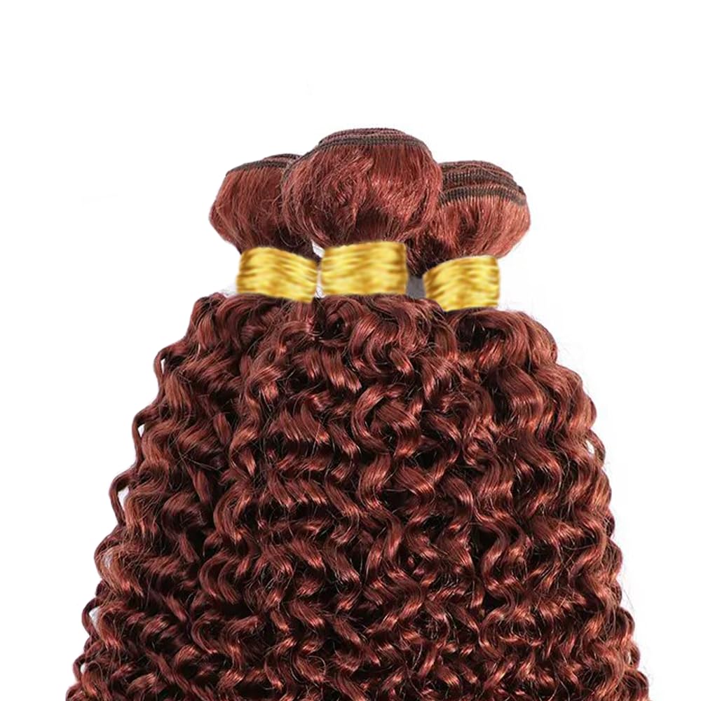 Color #33 Curly Bundles Human Hair Reddish Brown Kinky Curly Bundles Auburn Human Hair Double Weft Brazilian Remy Hair Weave Extensions Wet and Wavy Silky Soft for Black Women(20 22 24 Inch 3 Bundles)