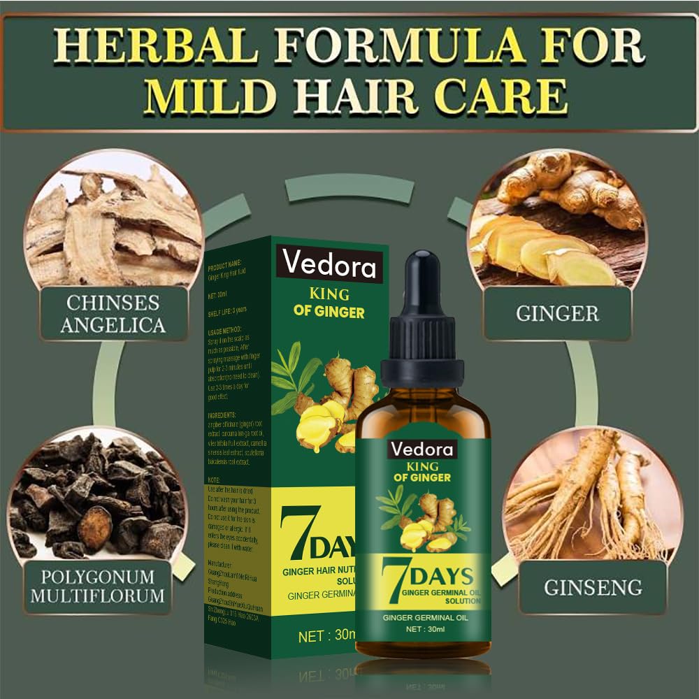 Vedora King of Ginger Oil for Hair Growth - Biotin Hair Growth Serum, 100% Pure Natural Ginger Essential Oil - Promotes Stronger, Thicker, Longer Hair in Women & Men - 3.15 Fl Oz / 90ML (3 PCS)