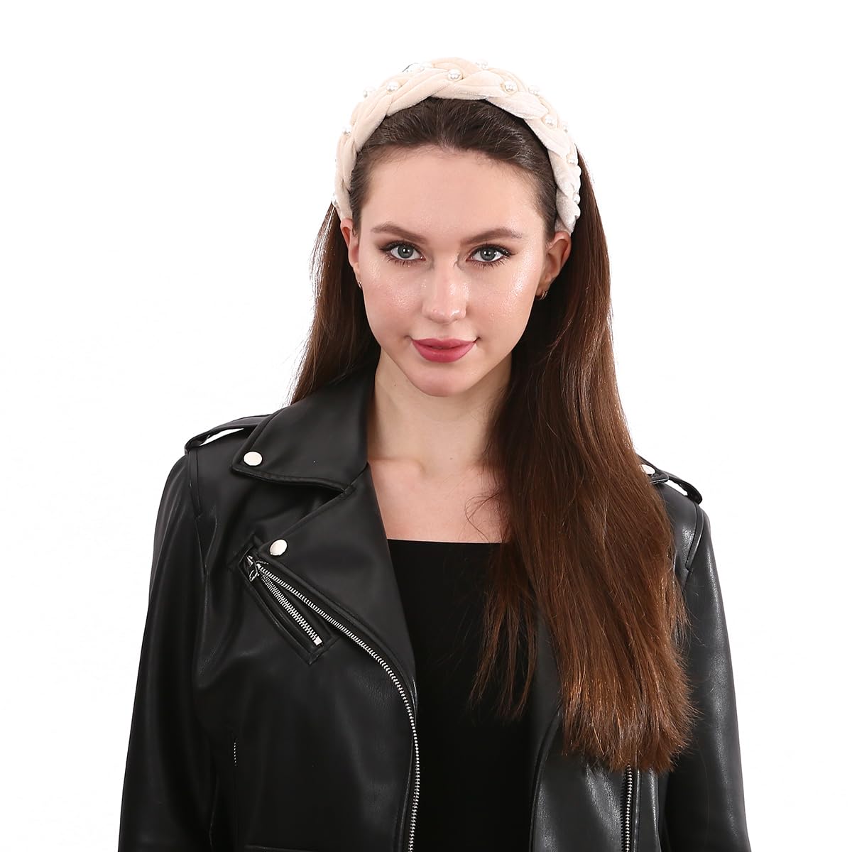 LONEEDY Cute Braided Velvet Wide Headband,Fashion Padded Twist Pearl Thick Headband for Women and Girls (Pearl-Cream)