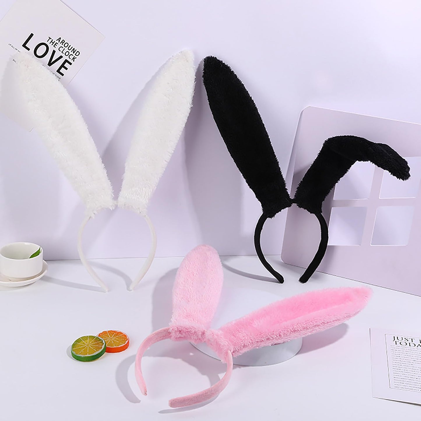 FunSpt Easter Bunny Rabbit Ears Plush Headband Halloween Costume for Aldult 3Pcs Set Red