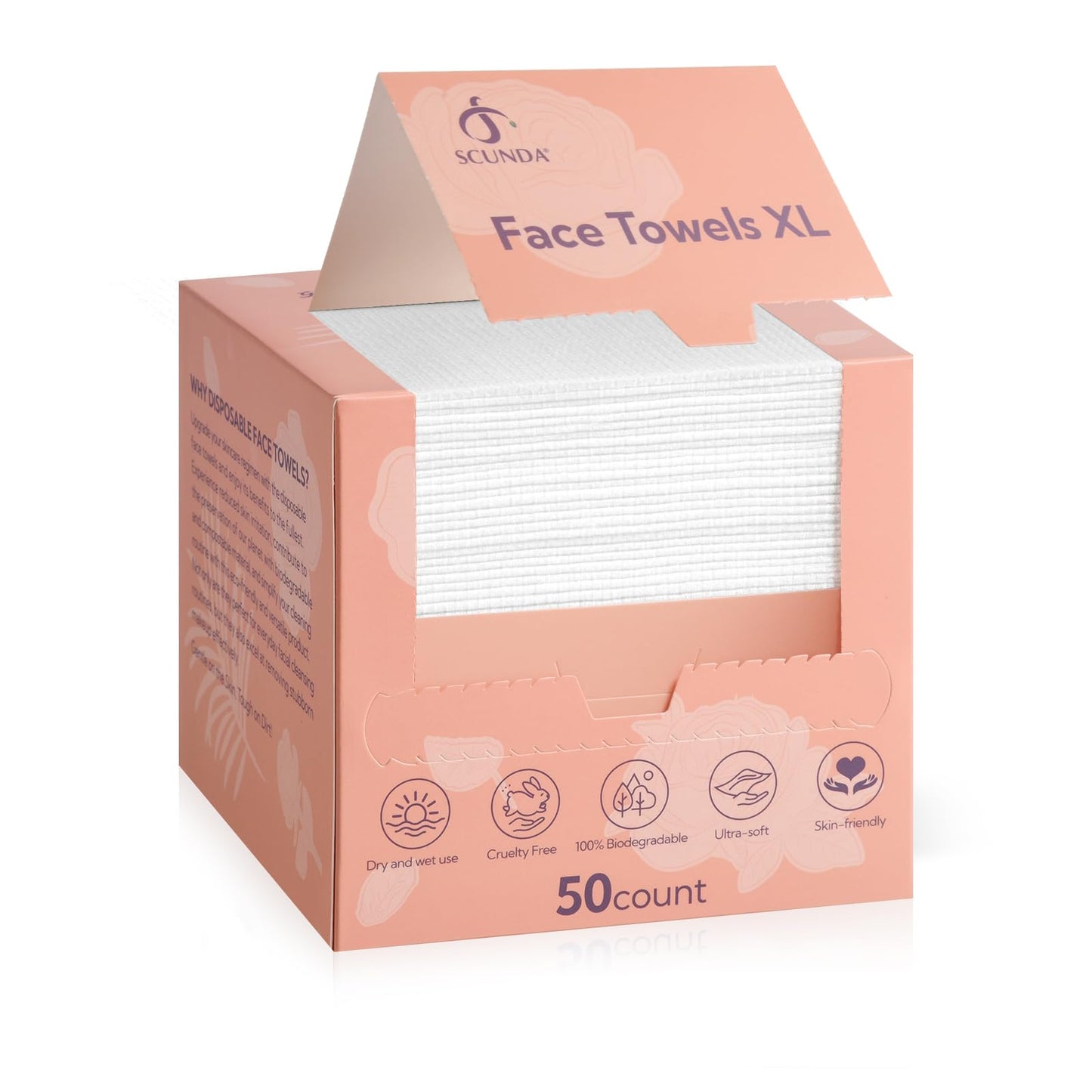 Face Towelettes Disposable, SCUNDA Disposable Face Towels, Super Soft and Thick Biodegradable Face Towels for Drying Face, Makeup Removing, Extra Large Facial Wipes for Sensitive Skin,10"×10",50 Count